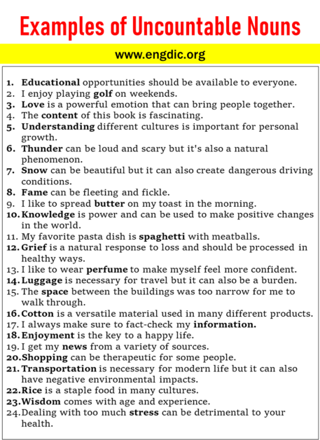 100 Examples of Uncountable Nouns in Sentences - EngDic