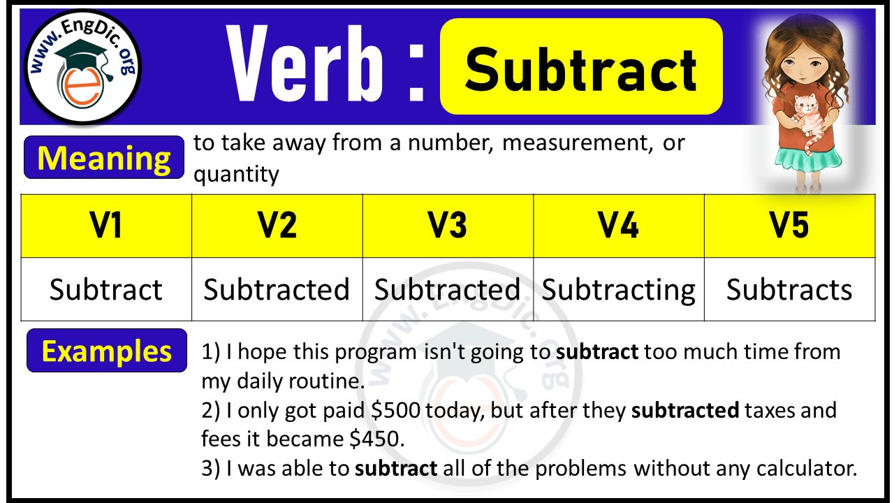Subtract Past Tense, V1 V2 V3 V4 V5 Forms of Subtract, Past Simple and Past Participle
