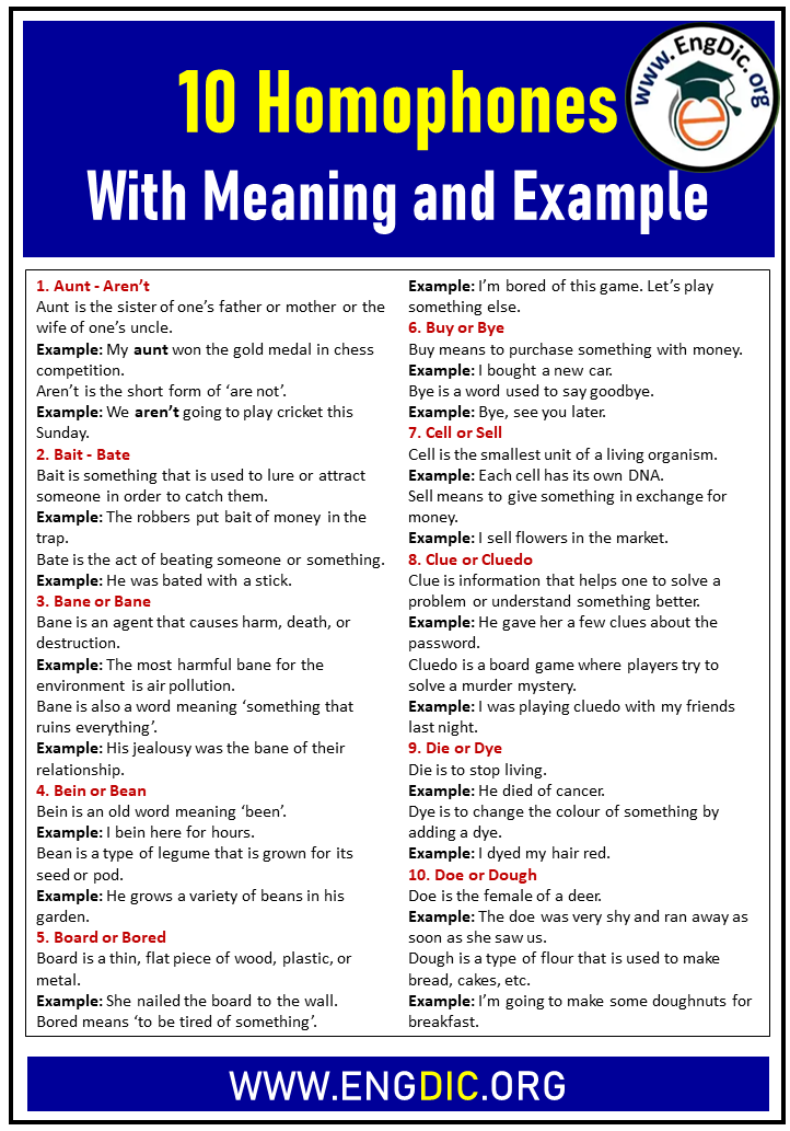 10 Homophones With Meaning and Example
