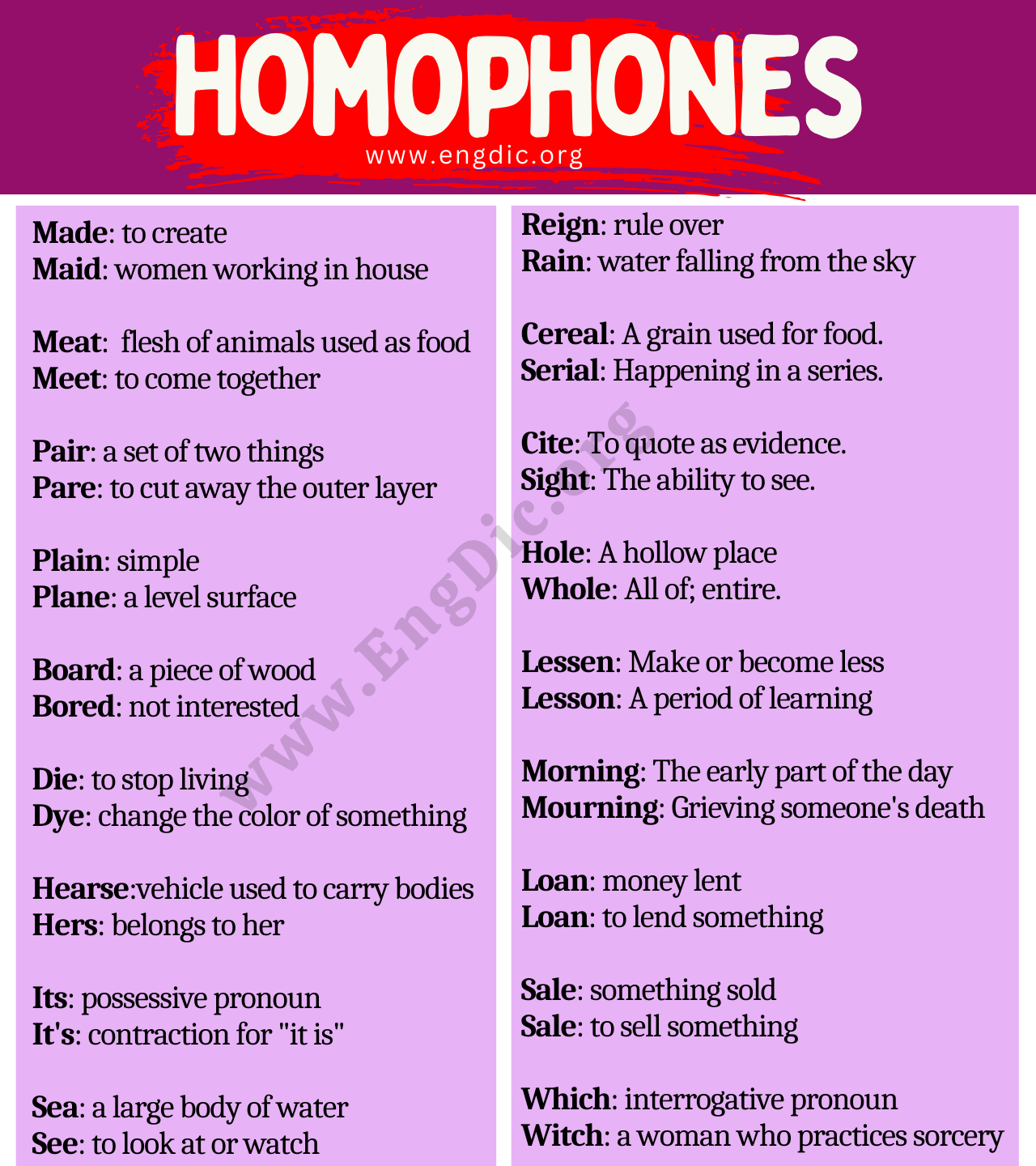 100 Homophones with Meanings