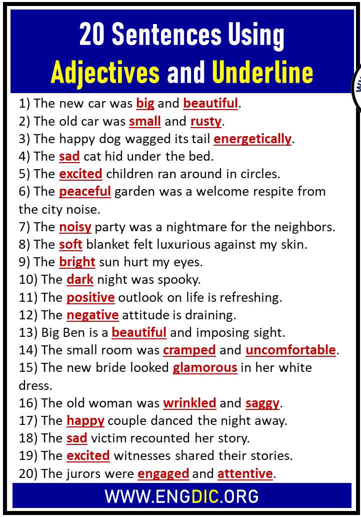 20 Sentences Using Adjectives And Underline Engdic 