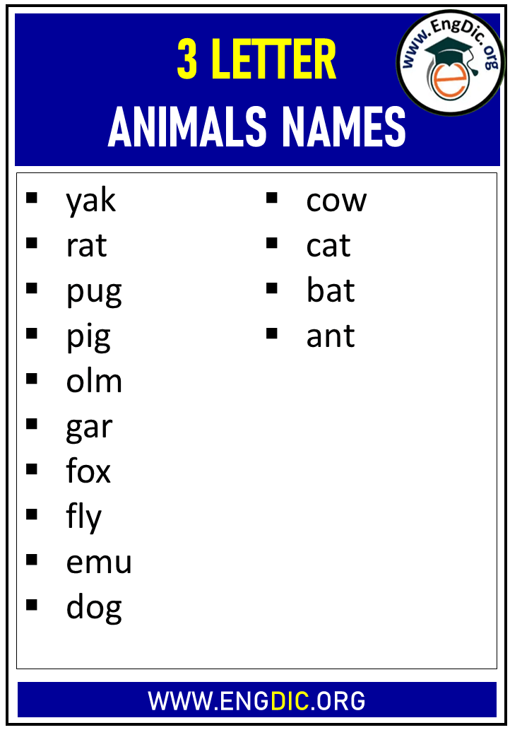 3 Letter Animals Names List EngDic