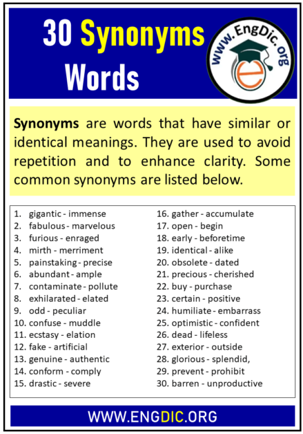 30 Synonyms Words List - EngDic