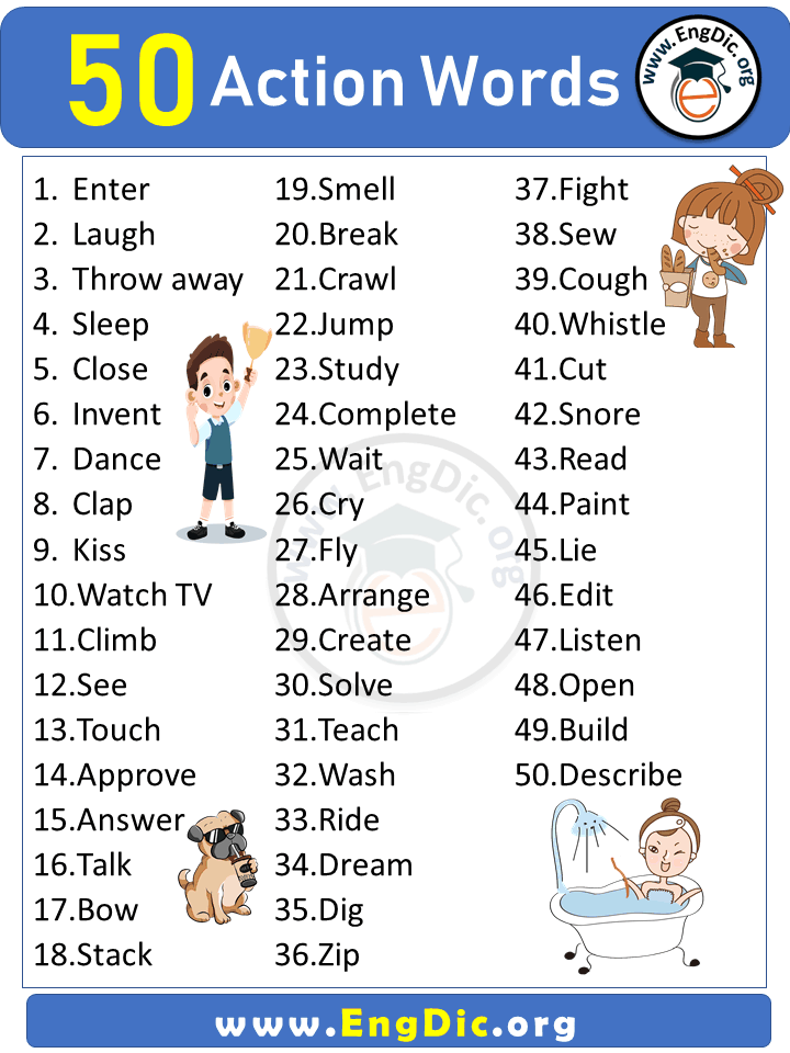50 Action Words in English (Sentences & Pictures) – EngDic