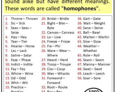 50 Homophones Words List (Basic Homophones List)