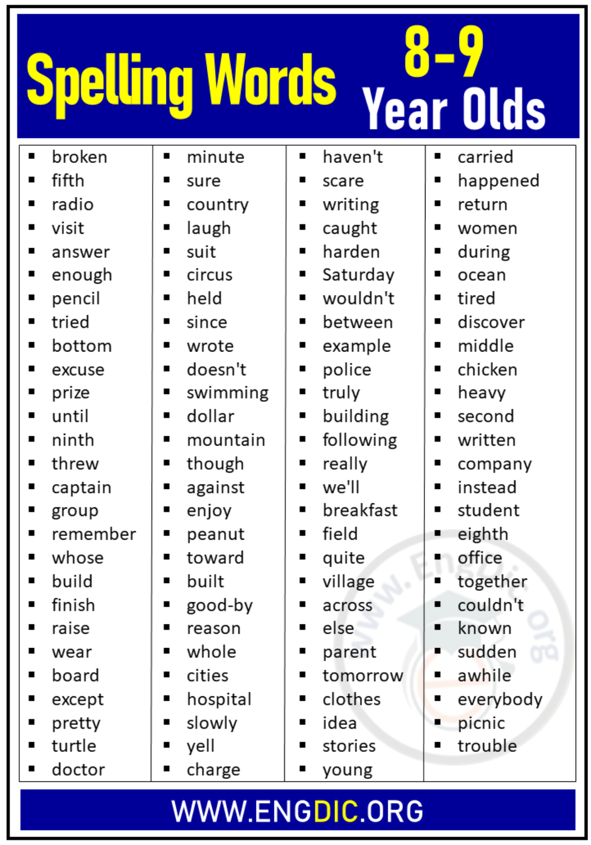 Spelling Words For 8-9 Year Olds (Year 4) – EngDic, 53% OFF