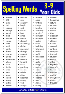 Spelling Words For 8-9 Year Olds (Year 4) - EngDic