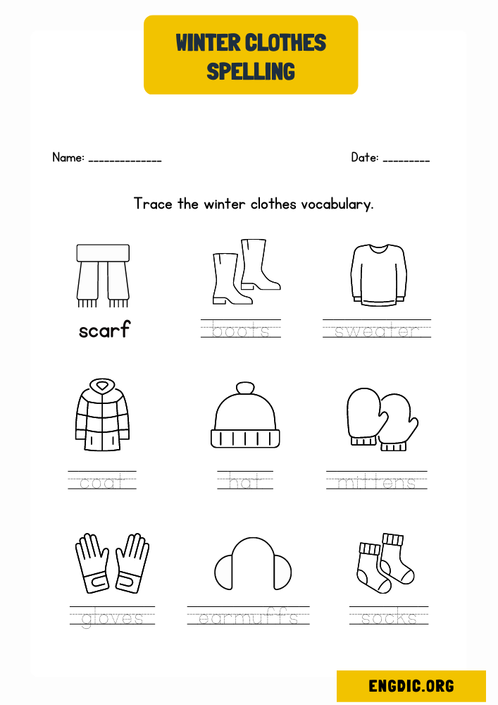 Winter clothes Spelling worksheet