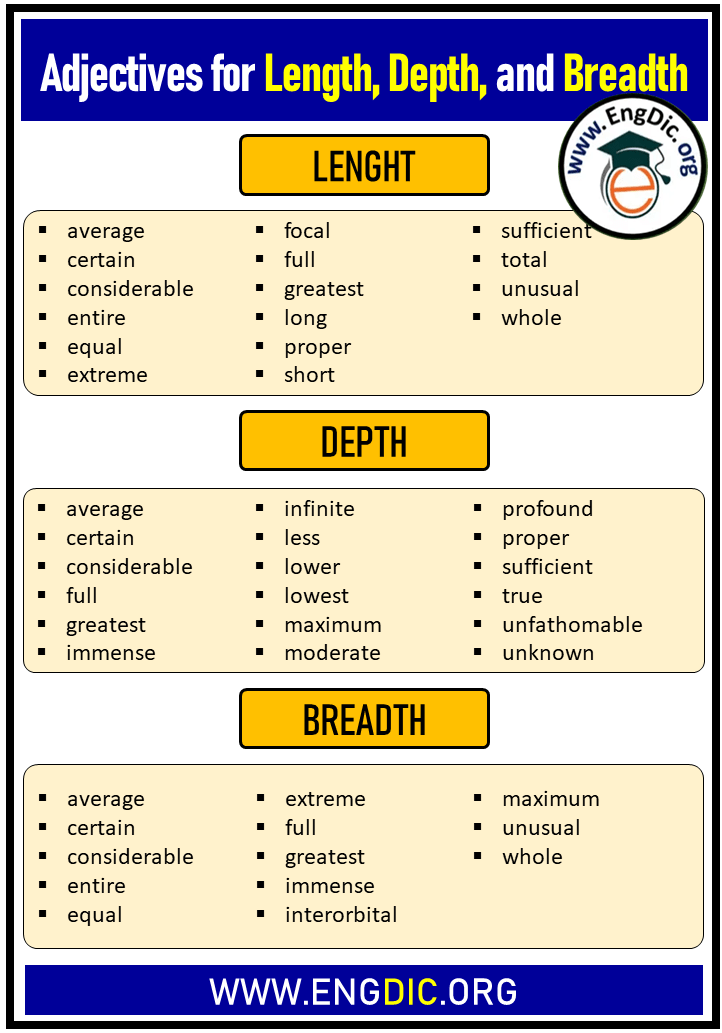 adjectives for length depth and breadth