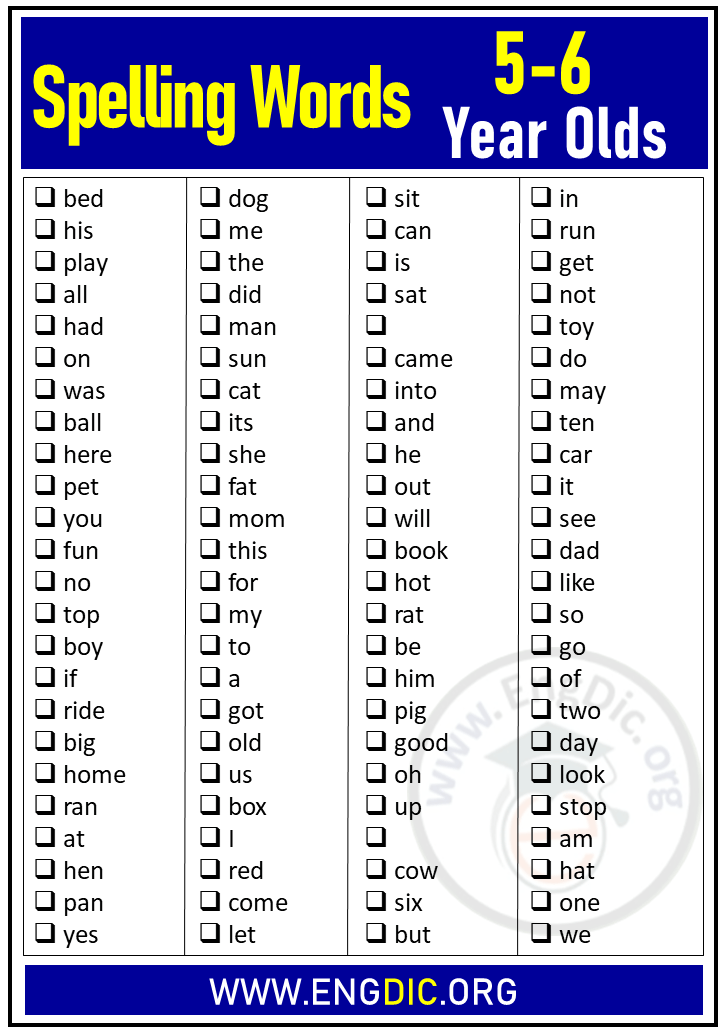Spelling Words For 5 6 Year Olds Year 1 EngDic
