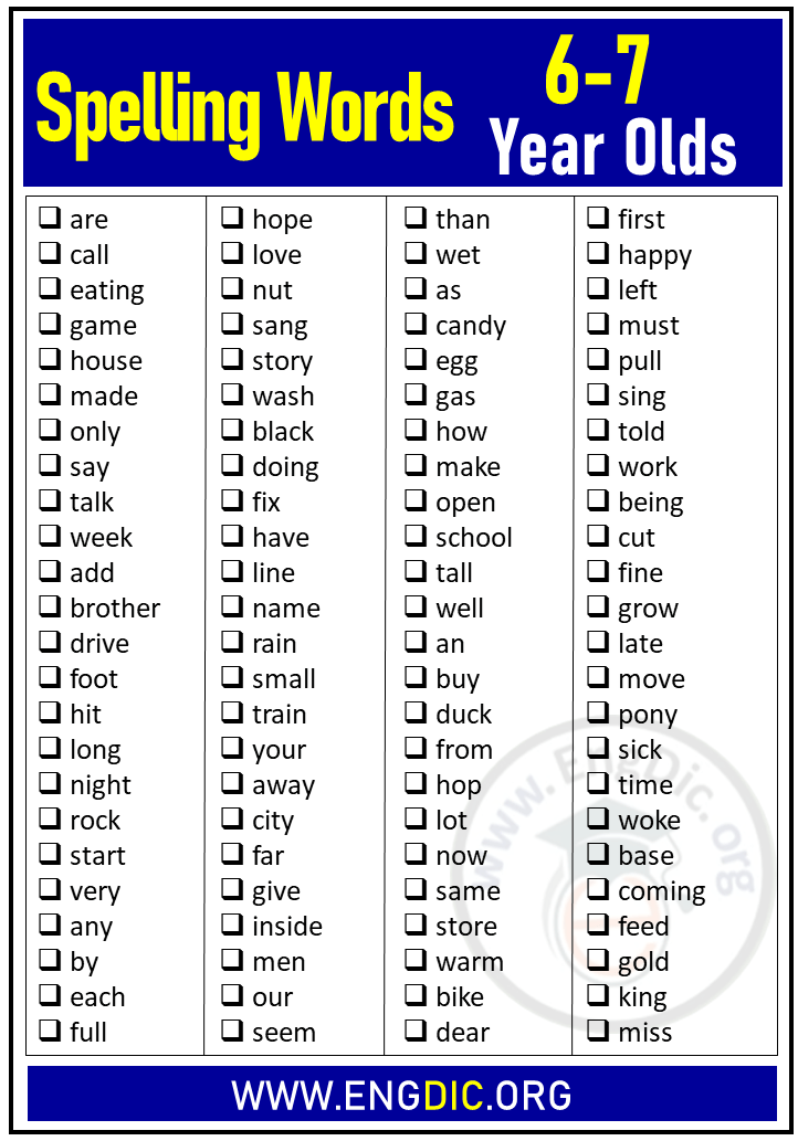 Spelling Words For 6-7 Year Olds (Year 2) - EngDic