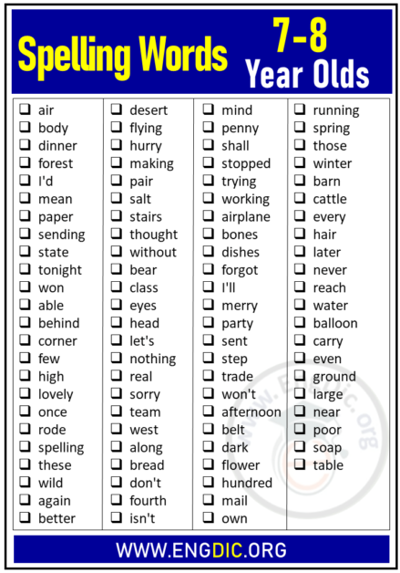 Spelling Words For 7-8 Year Olds (Year 3) - EngDic