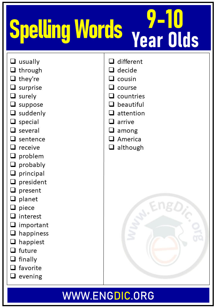 spelling words for 9 10 year olds