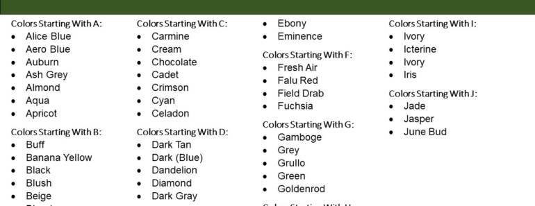 Colors Starting With A To Z, All Colors Names List