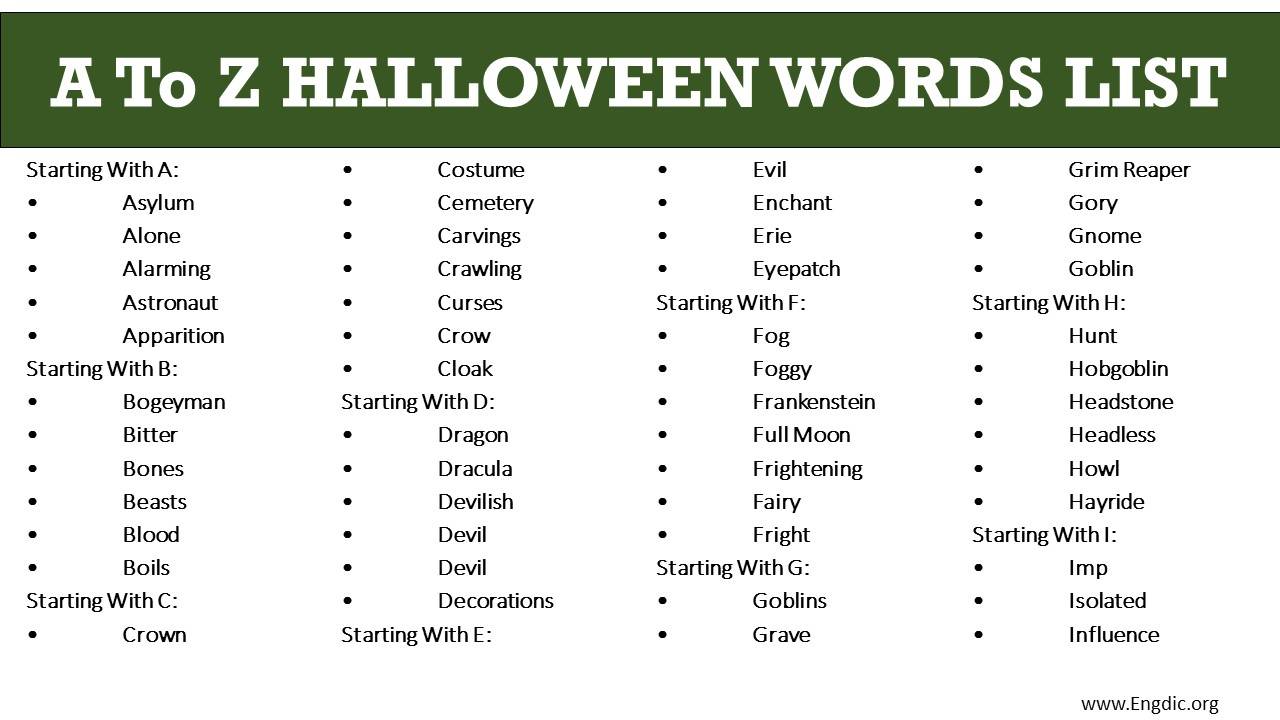 A To Z HALLOWEEN WORDS LIST