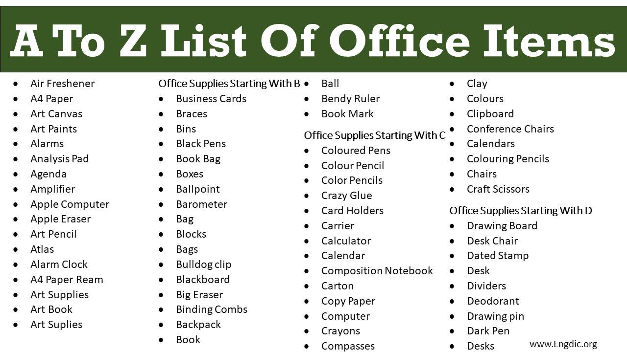 A To Z List Of Office Items 