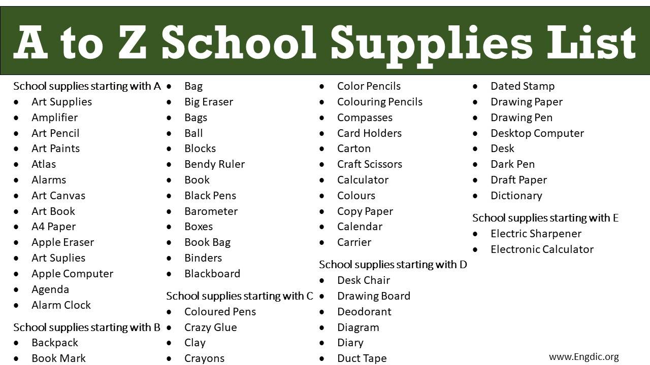 A to Z School Supplies List