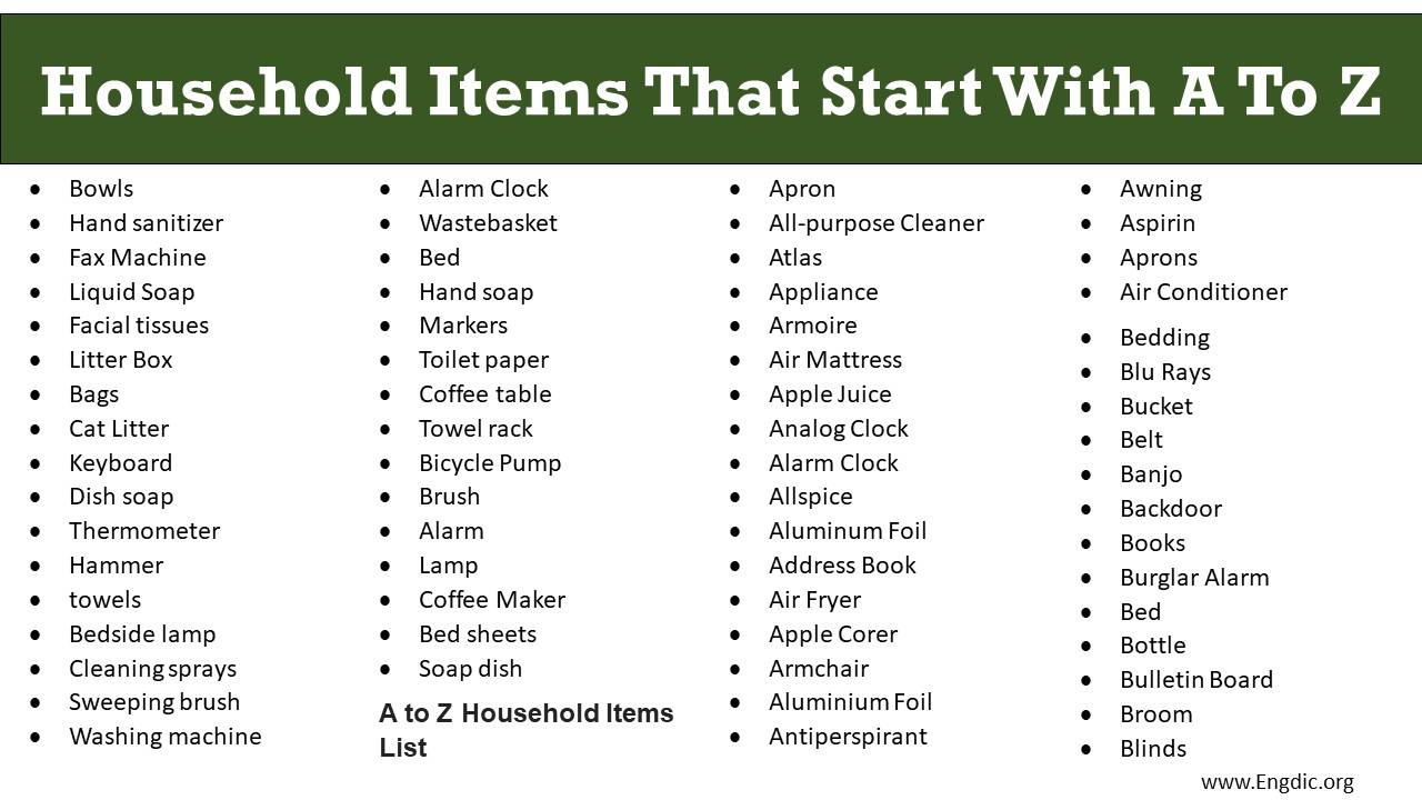 Household Items Starting With A To Z EngDic