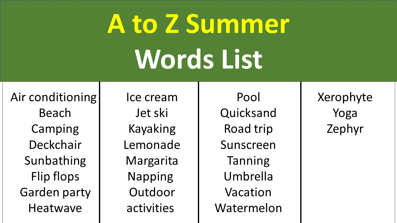 Summer Words That Start With A to Z