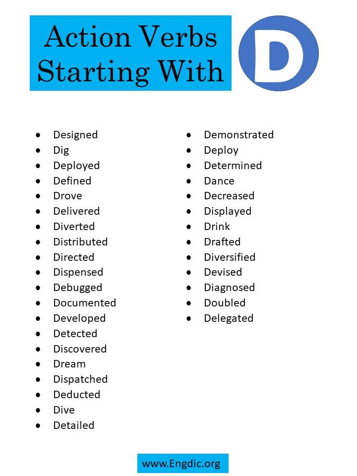 action verbs starting with d