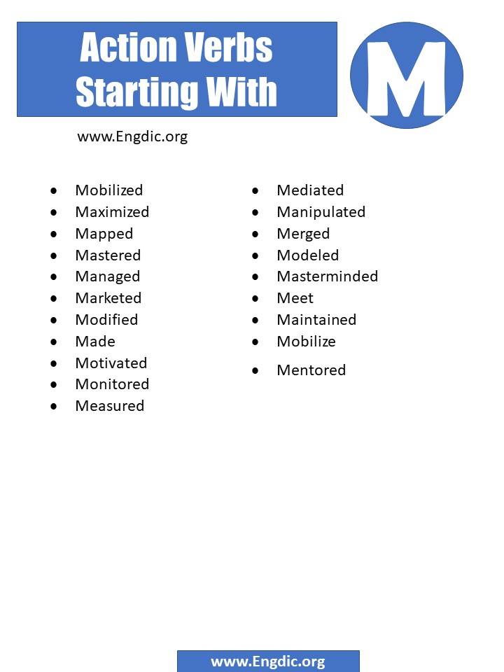action verbs starting with m