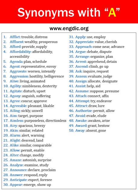 Synonyms That Starts with A, Synonyms with A - EngDic