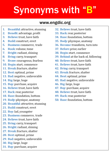 100 Synonyms That Starts With B, Synonyms With B - EngDic