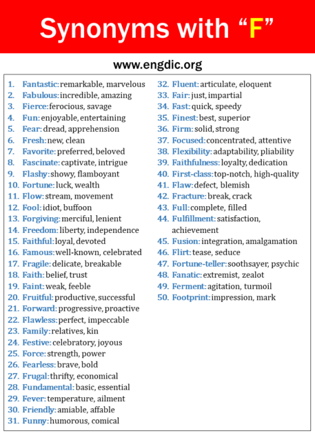 100 Synonyms That Start with F, Synonyms with F - EngDic