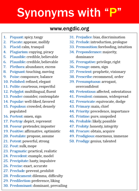 100 Synonyms That Start with P, Synonyms with P - EngDic