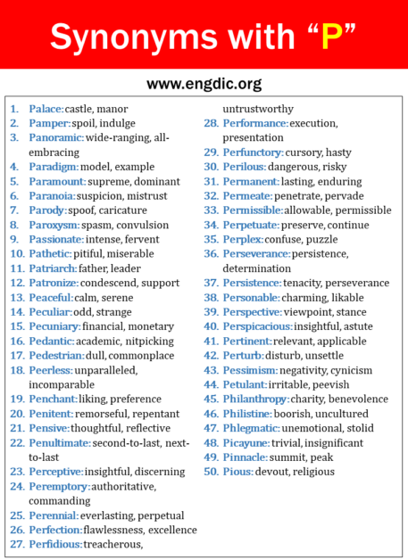 100 Synonyms That Start with P, Synonyms with P - EngDic