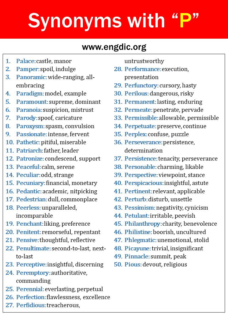 Synonym Words Starting With P  English vocabulary words, English