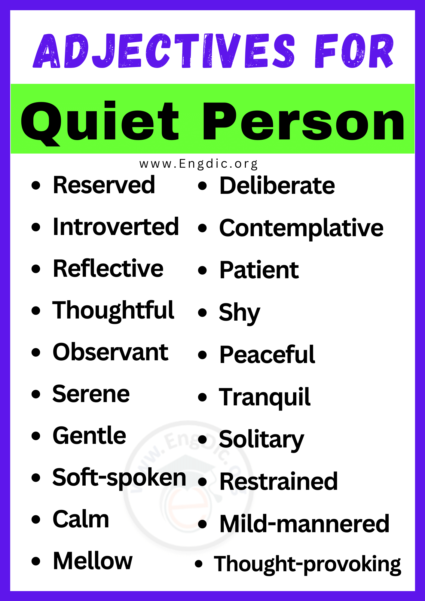Adjectives for Quiet person