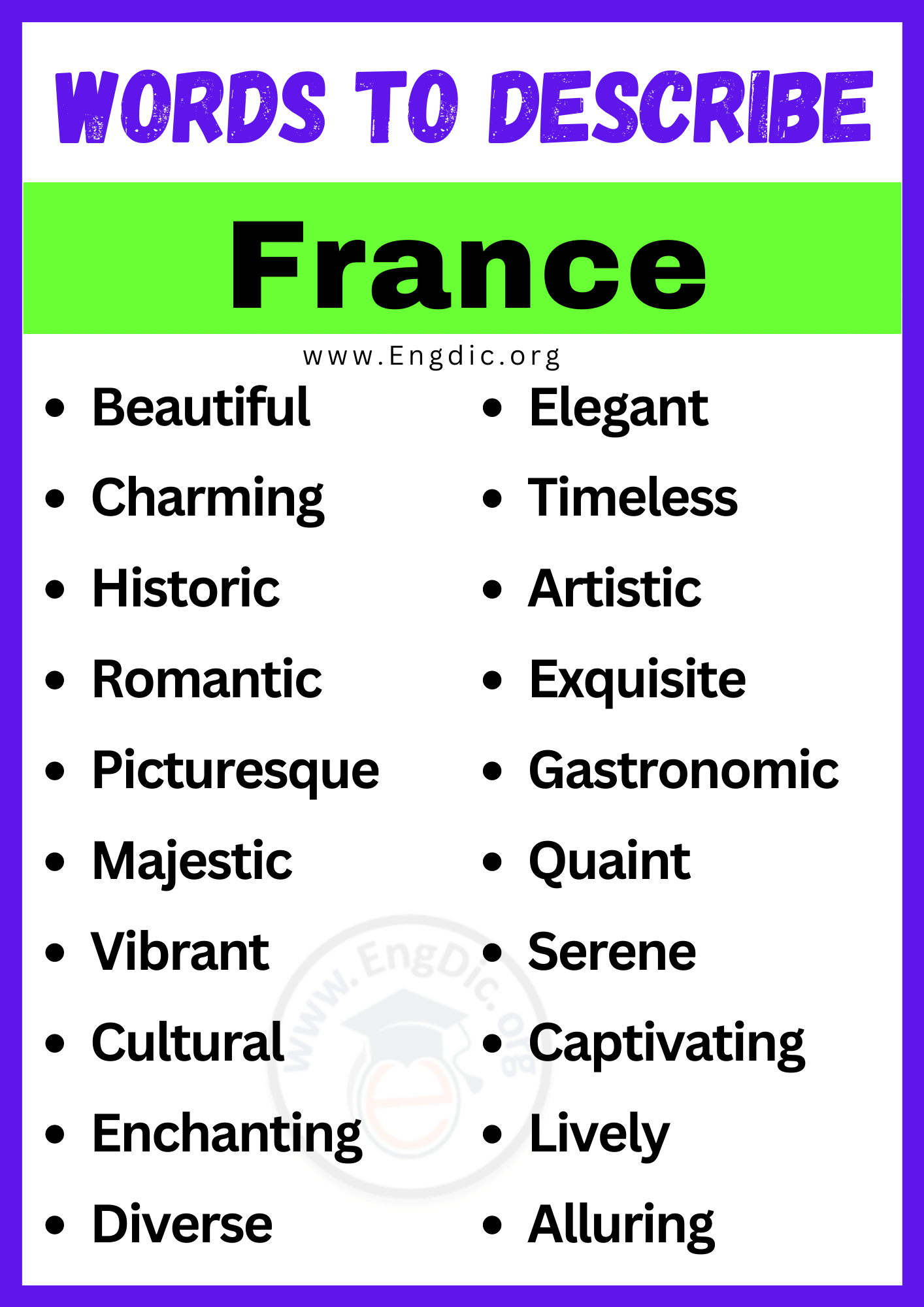 Words to Describe France, adjectives for france