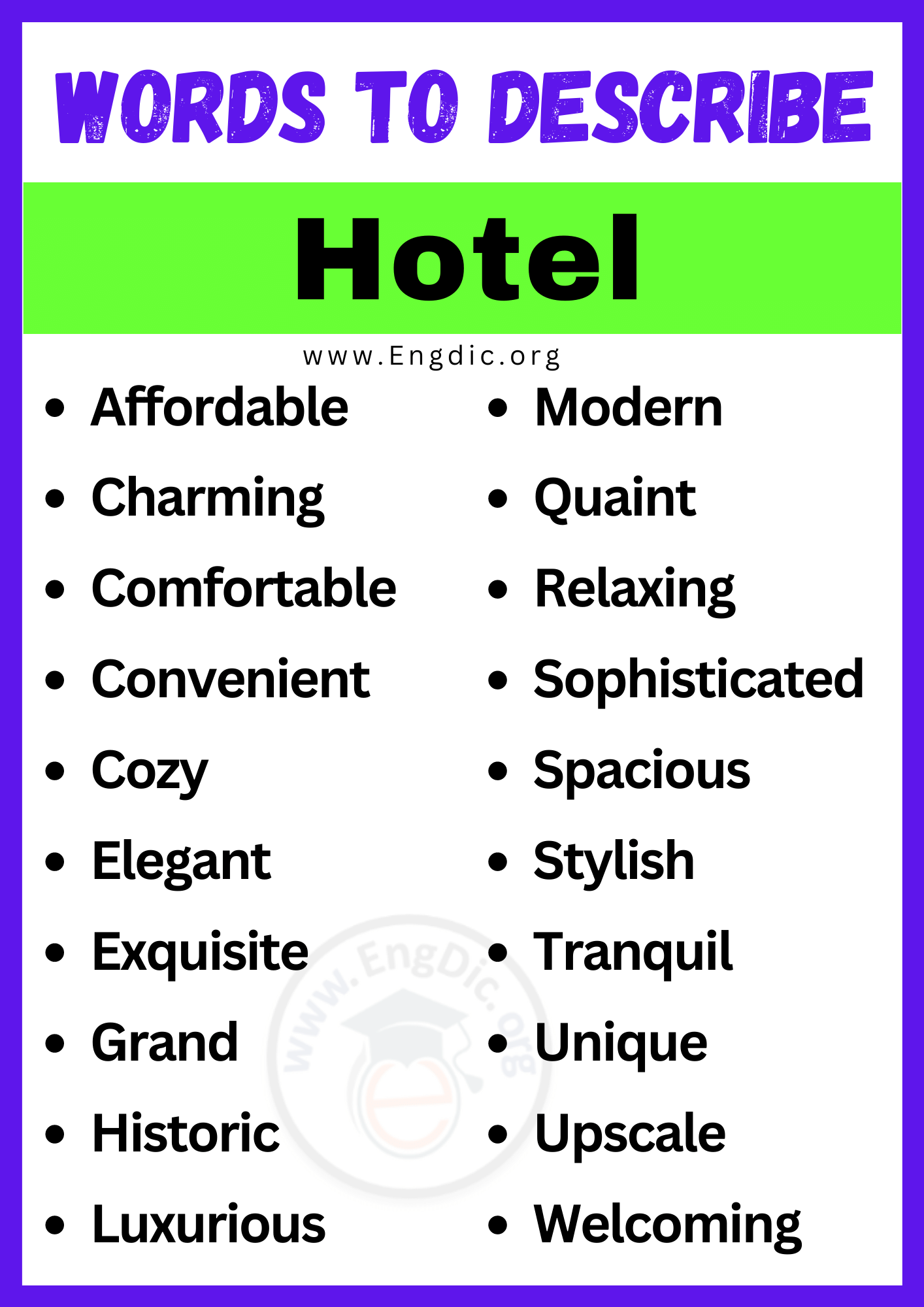 Words to Describe Hotel