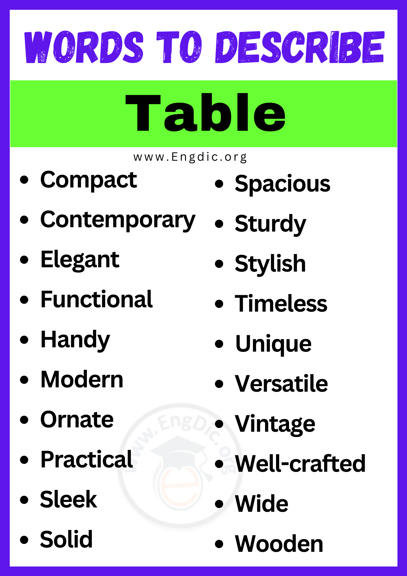 Words to Describe Table