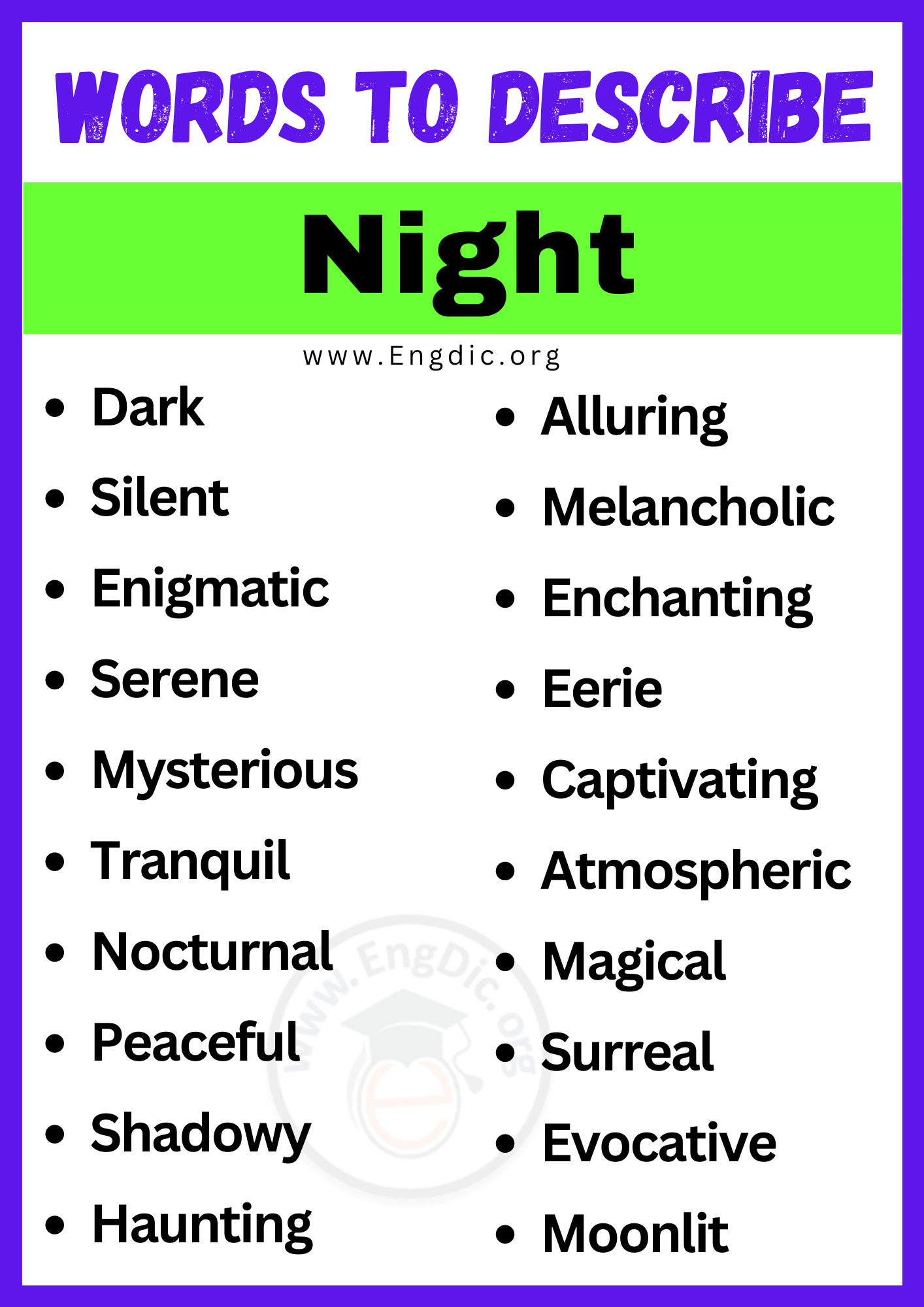 20+ Best Words to Describe a Night, Adjectives for Night - EngDic