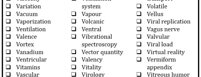 100 Science Words that Start With V