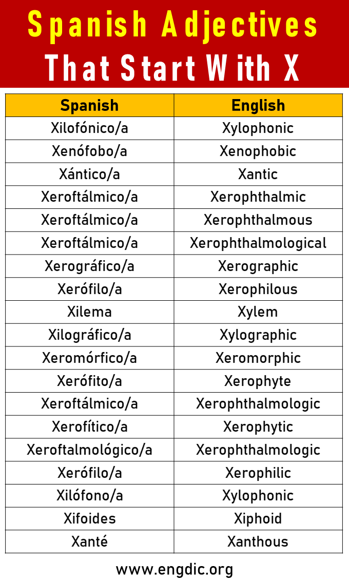 spanish adjectives that start with x
