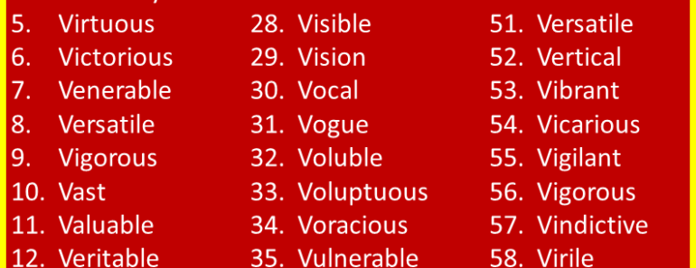 V Words for Acrostic Poems (100 Words)