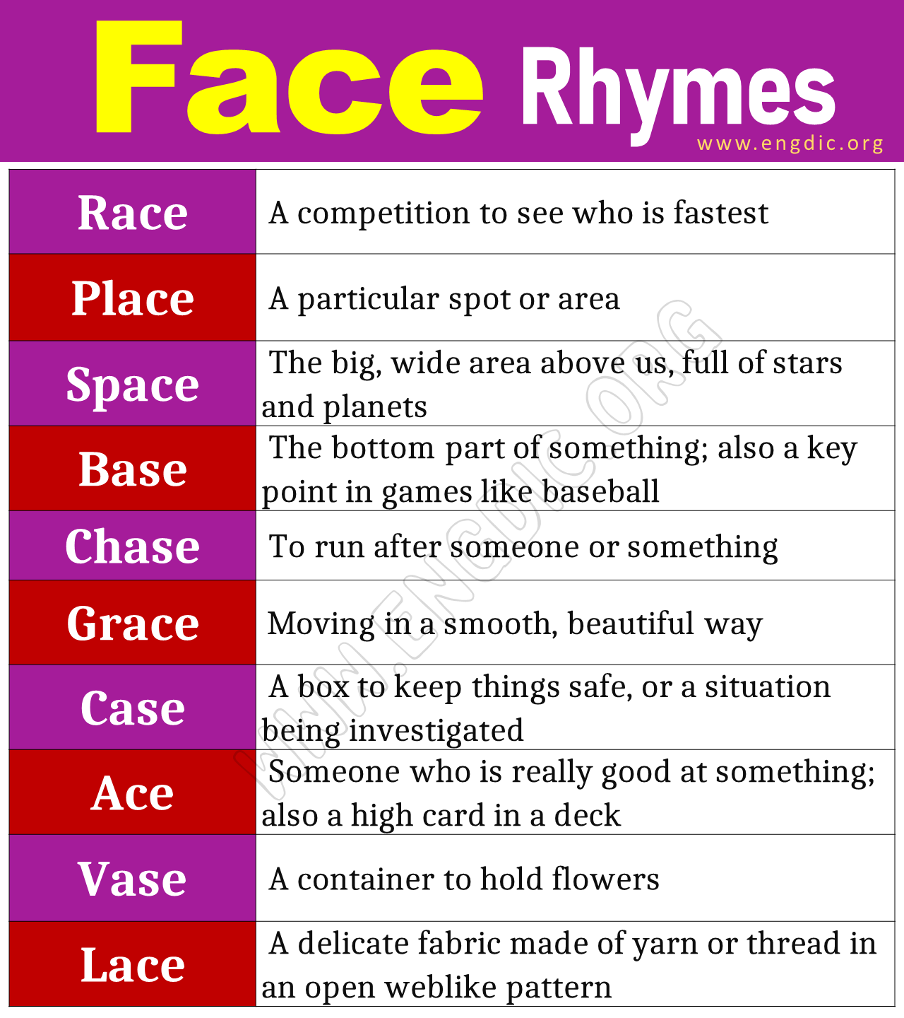 Face Rhyme Words